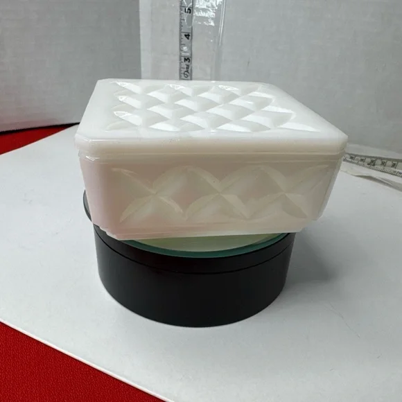 Anchor Hocking white opaque milk glass covered 4” square powder or trinket - Picture 7 of 13